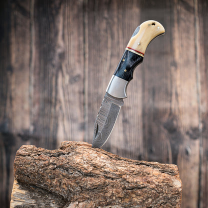 Black Wood Bone Handle Camping Damascus Steel Blade Pocket Knife - Authentic 6.5" Folding Knife Groomsmen Gift for Men Custom Handmade Knife