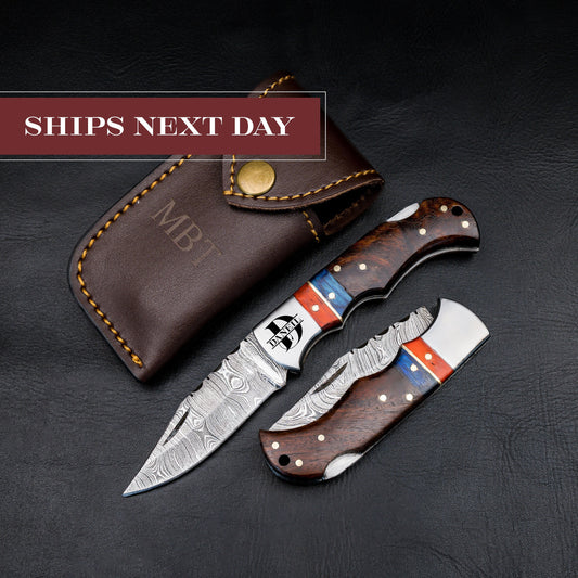 Groomsmen Gifts Damascus Pocket Knife 6.5" Folding Blade Custom Personalized Knives Hunting Men Anniversary Wedding Gift for Him