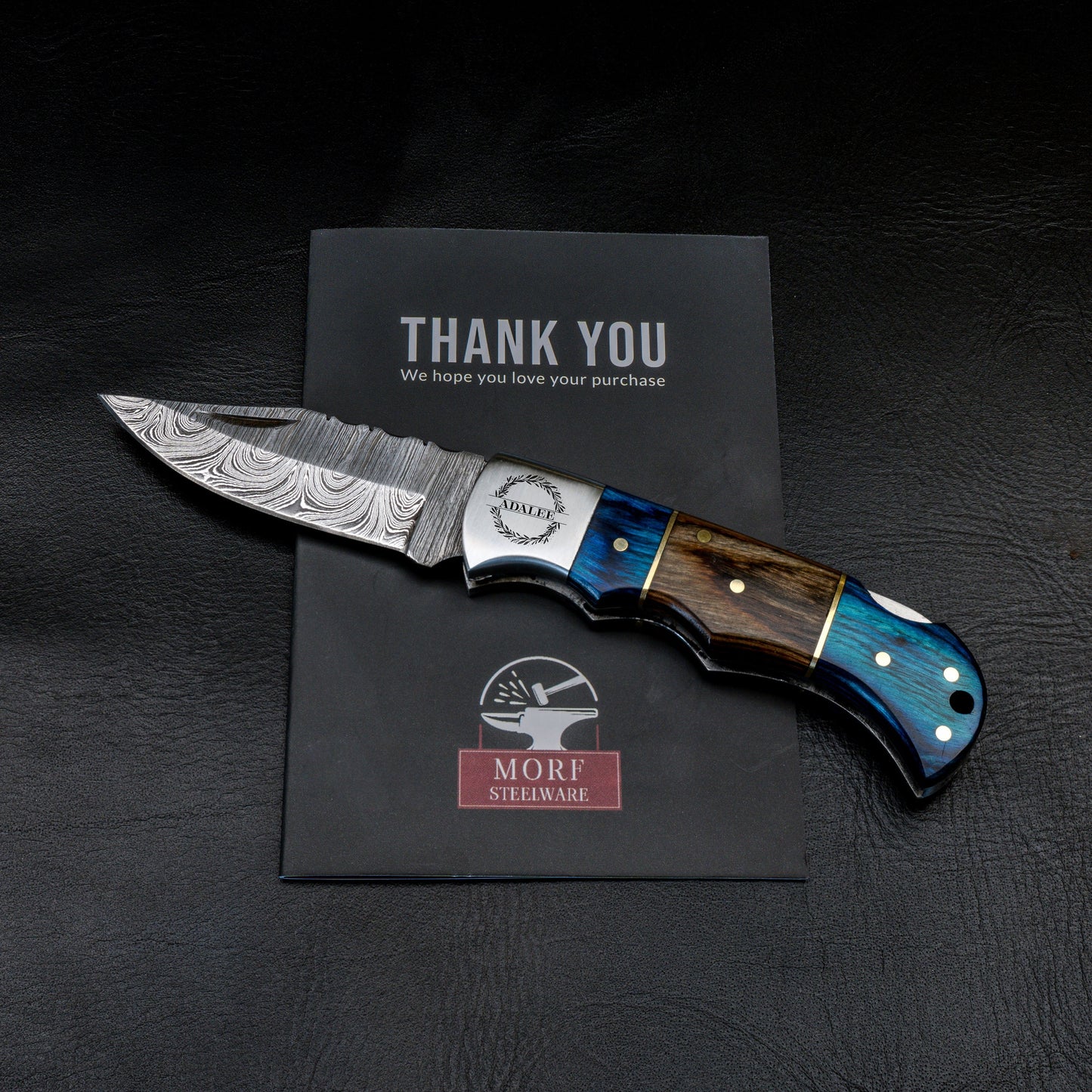 Pocket Knife for Camping/Hunting Damascus Steel Blade Blue Brown Pakka Wood Handle Folding Knife Groomsmen Gift for Him, Boyfriend