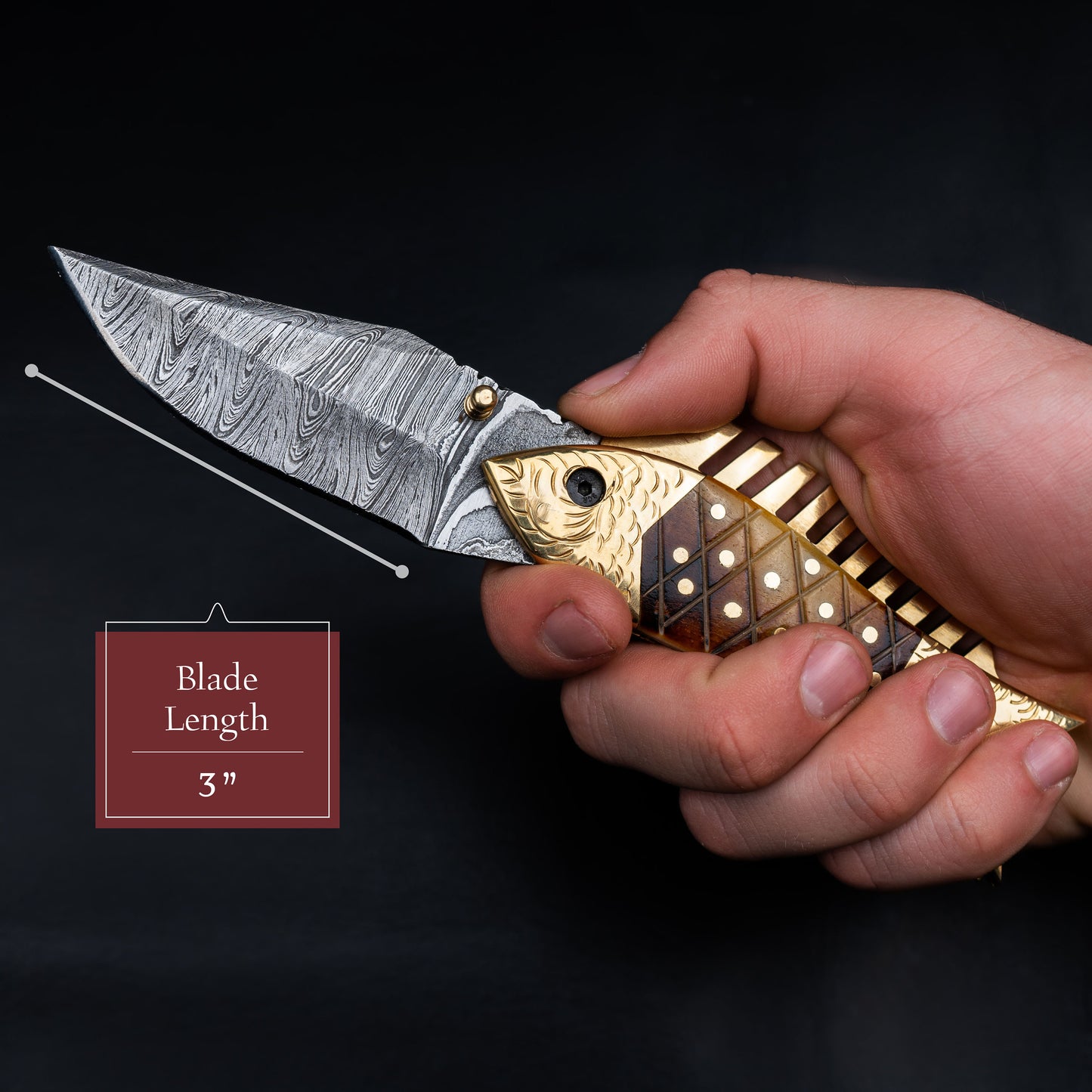 Fish Folding Pocket Knife 7" Damascus Steel Knife Burned Bone Brass Blade Gift for him Hunting & Camping Handmade Unique Design Knives