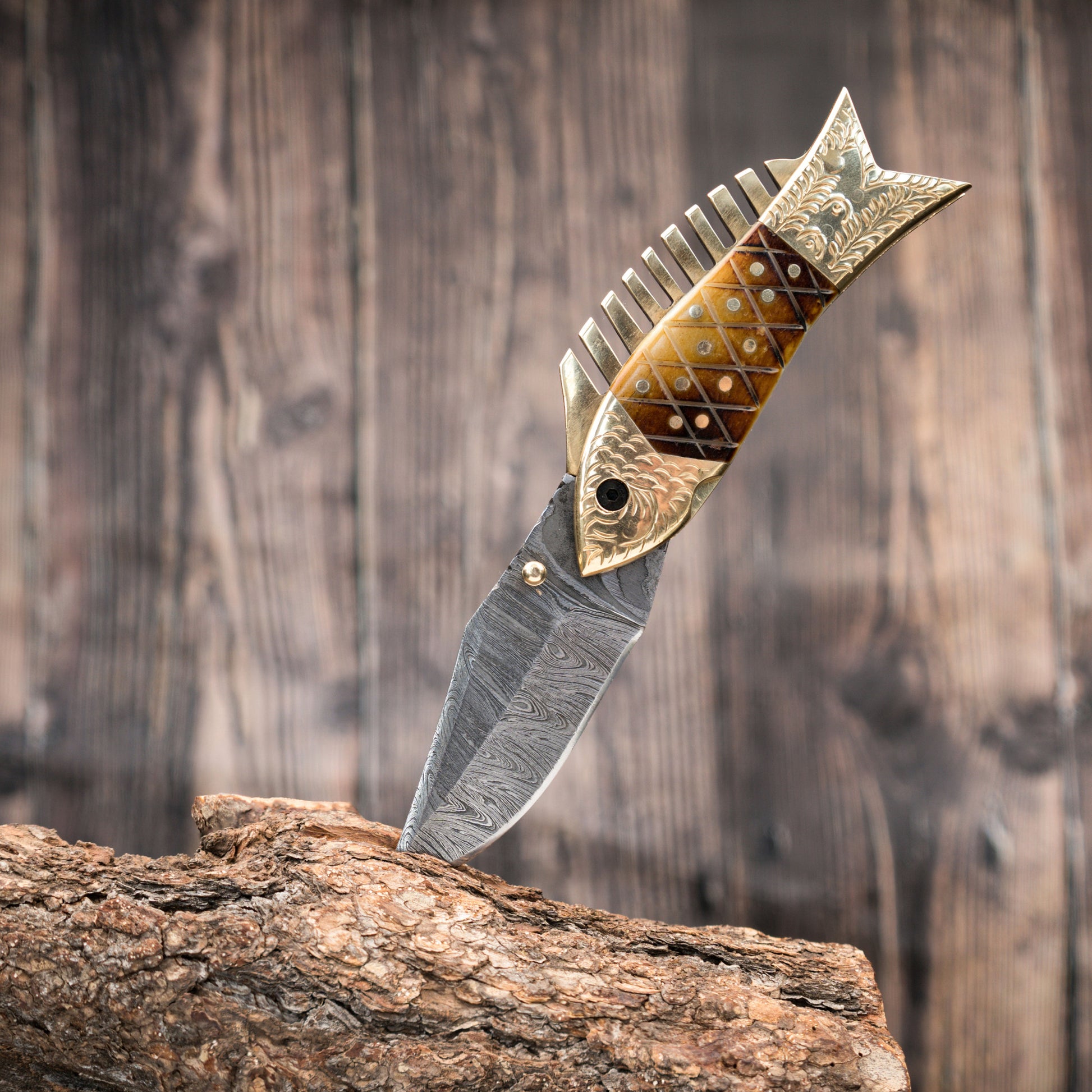 Fish Folding Pocket Knife 7" Damascus Steel Knife Burned Bone Brass Blade Gift for him Hunting & Camping Handmade Unique Design Knives