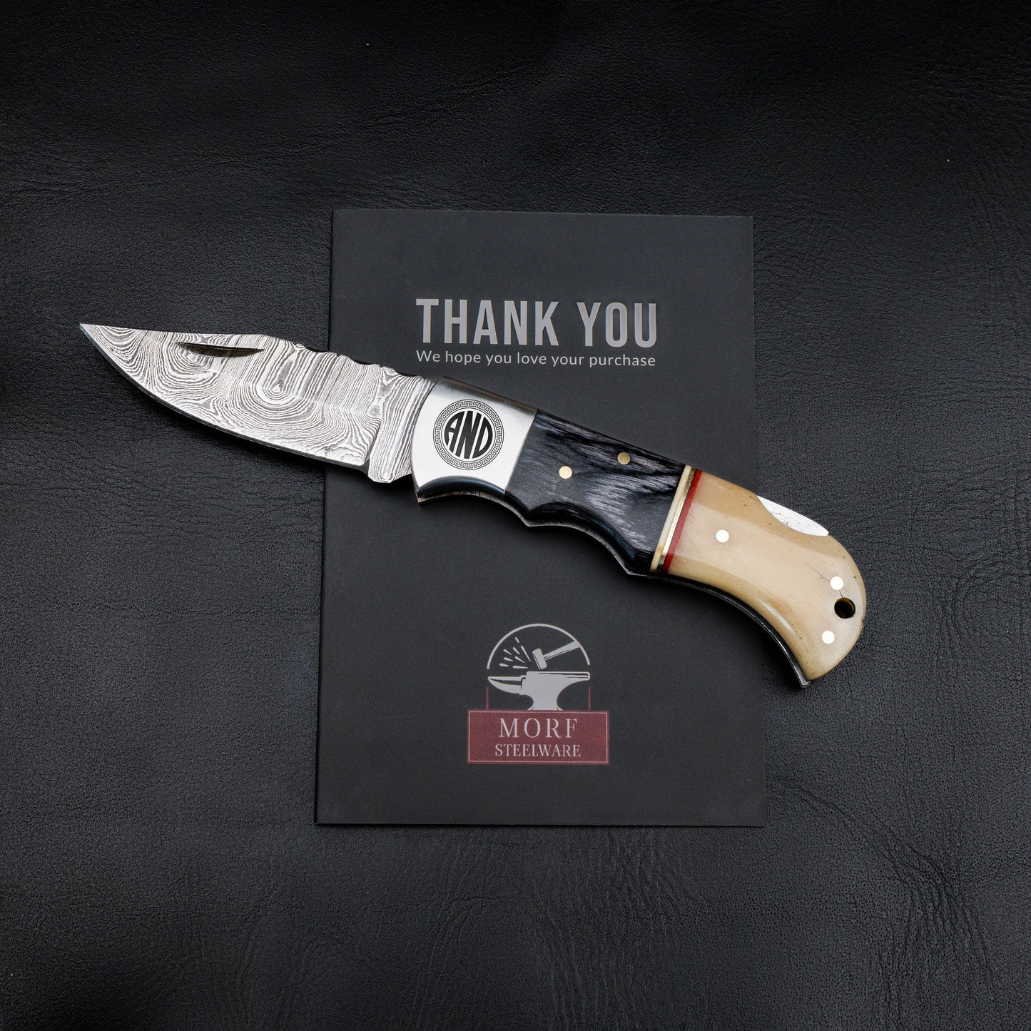 Black Wood Bone Handle Camping Damascus Steel Blade Pocket Knife - Authentic 6.5" Folding Knife Groomsmen Gift for Men Custom Handmade Knife