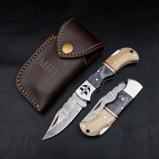 Black Wood Bone Handle Camping Damascus Steel Blade Pocket Knife - Authentic 6.5" Folding Knife Groomsmen Gift for Men Custom Handmade Knife
