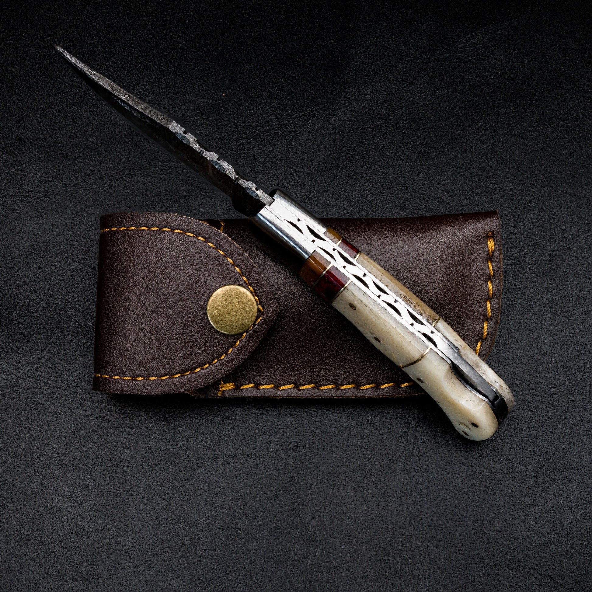 Camel Bone Damascus Steel Pocket Knife for Men, Groomsmen Gifts Folding Blade Knives For him, Custom Handmade - 6.5" Knife Anniversary Gift