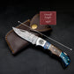 Pocket Knife for Camping/Hunting Damascus Steel Blade Blue Brown Pakka Wood Handle Folding Knife Groomsmen Gift for Him, Boyfriend