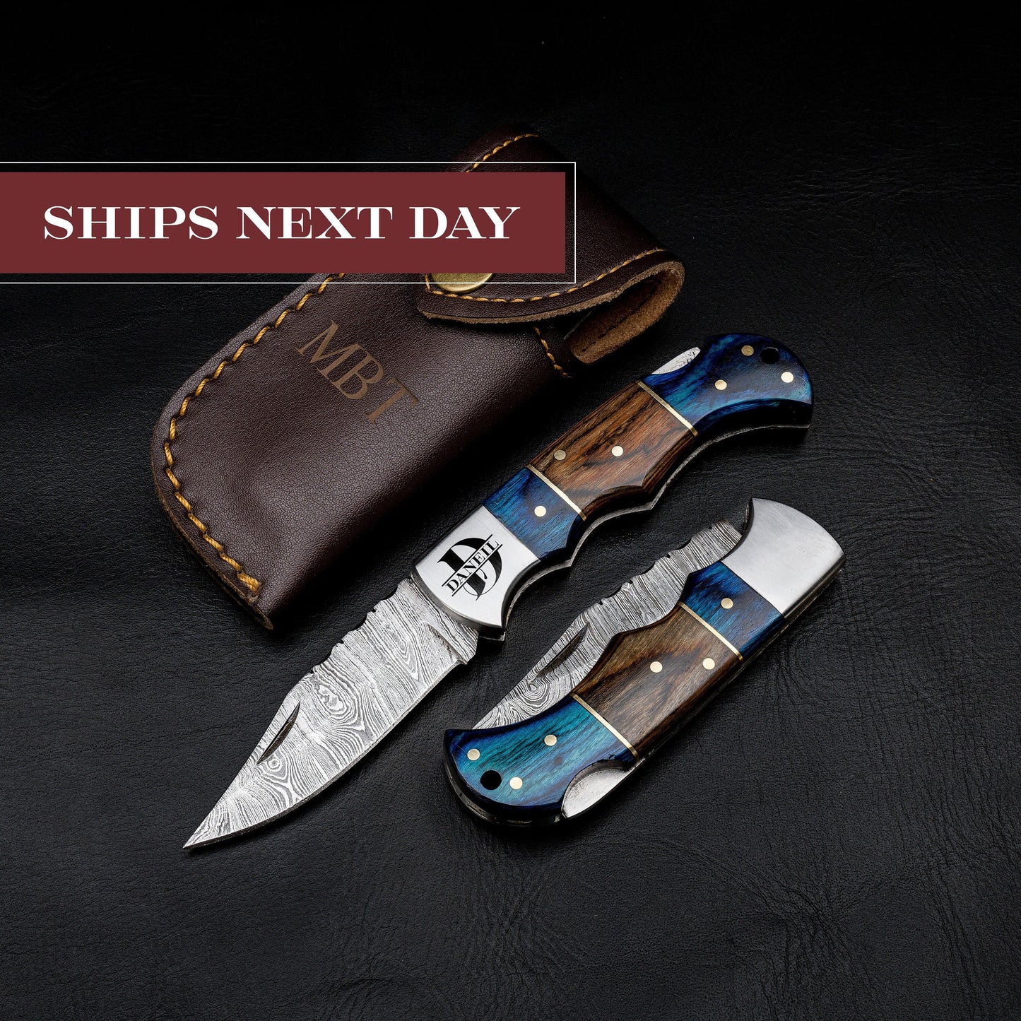 Pocket Knife for Camping/Hunting Damascus Steel Blade Blue Brown Pakka Wood Handle Folding Knife Groomsmen Gift for Him, Boyfriend