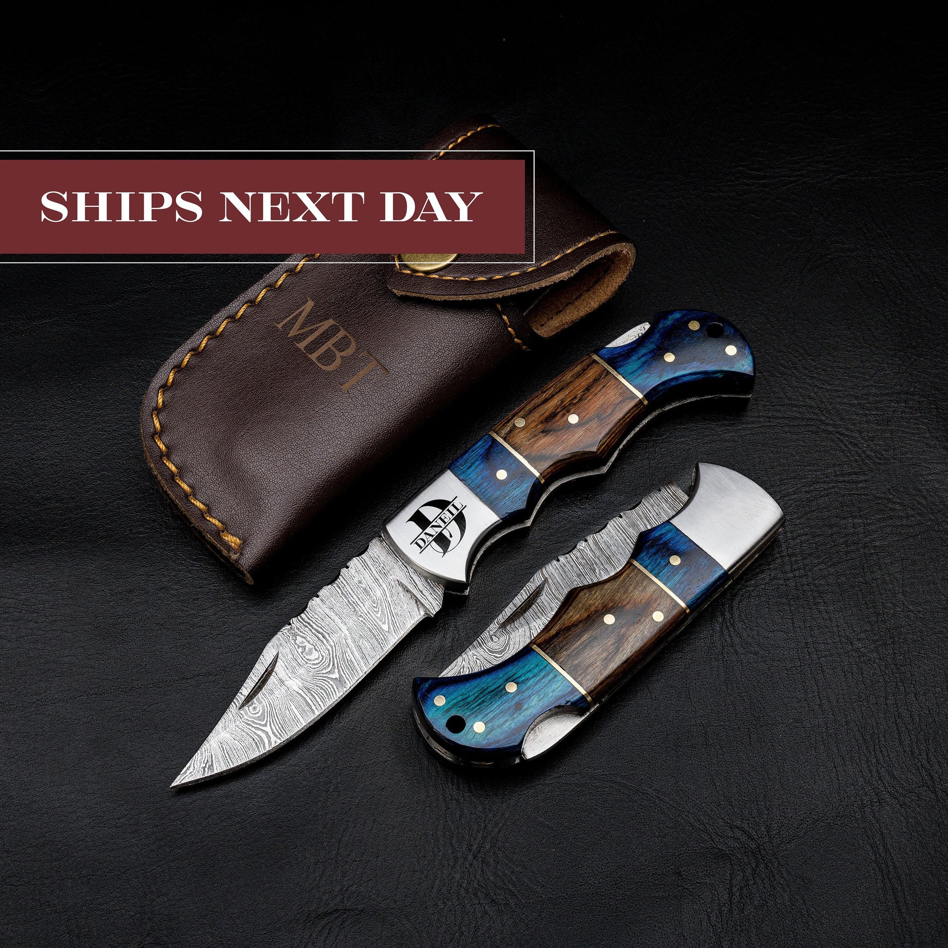 Pocket Knife for Camping/Hunting Damascus Steel Blade Blue Brown Pakka Wood Handle Folding Knife Groomsmen Gift for Him, Boyfriend