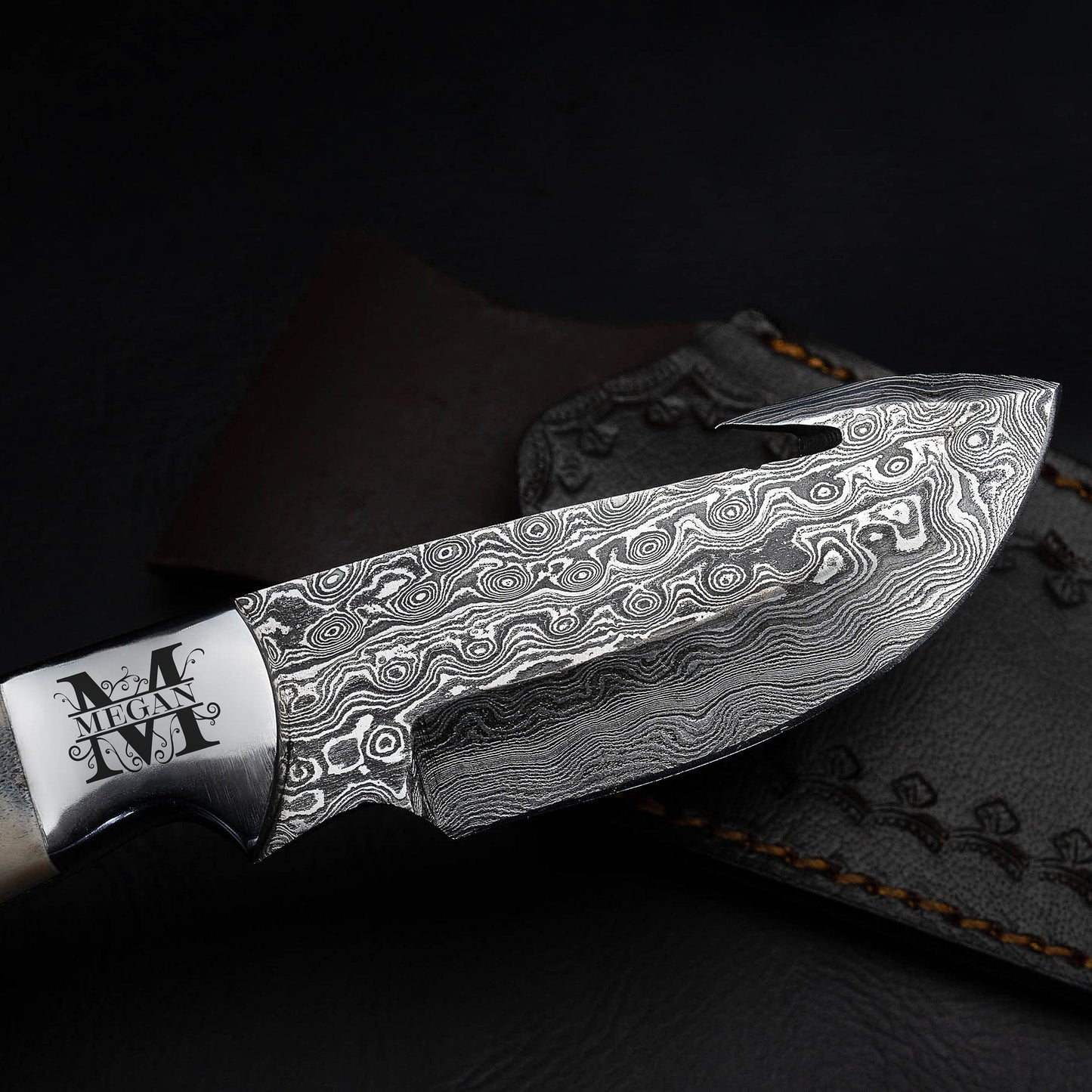 Gut Hook Bone Wood Handle Fixed Blade Full Tang Hunting/Camping Knife - Authentic Damascus 8.5" Knife by morfsteelware Gift for Him, Dad