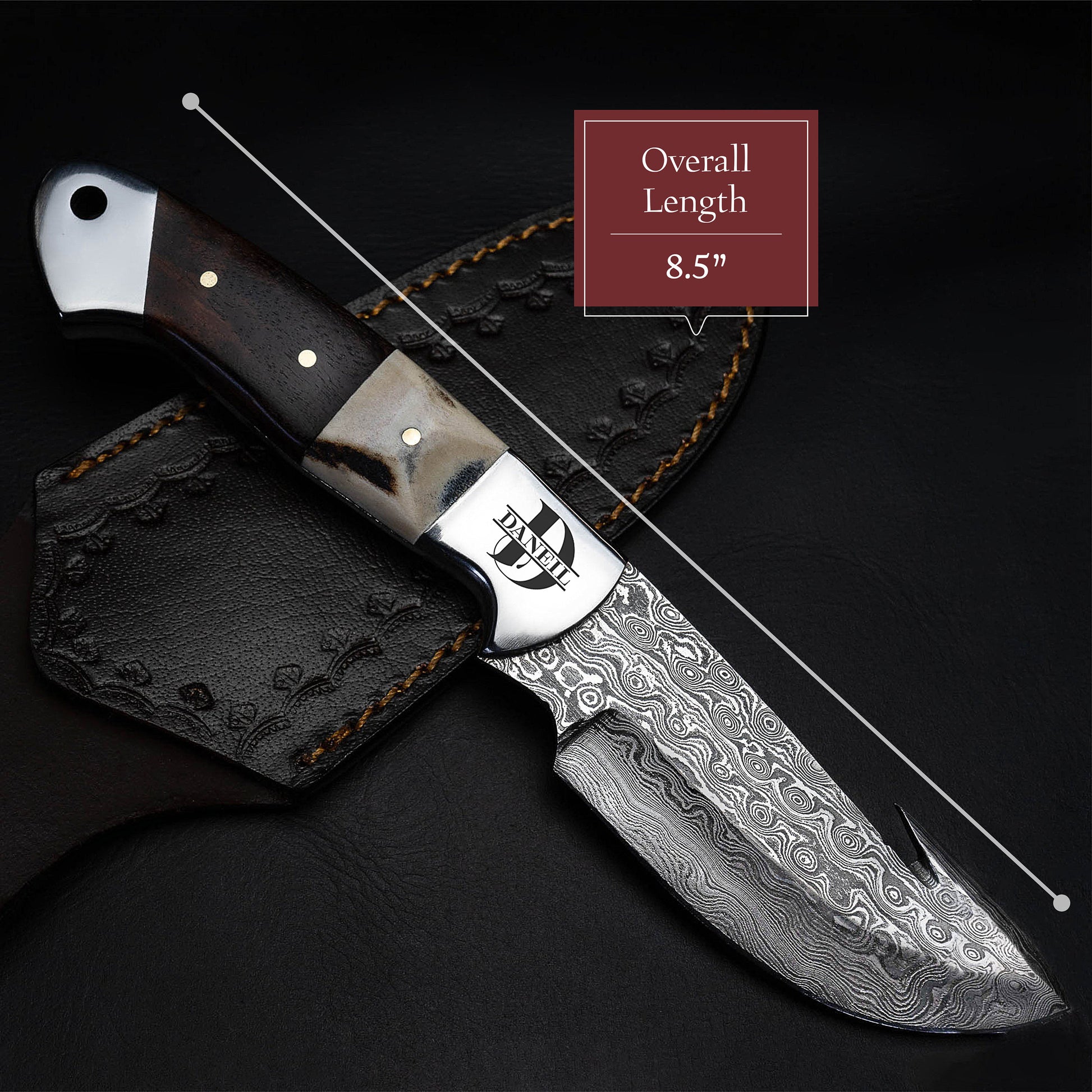 Gut Hook Bone Wood Handle Fixed Blade Full Tang Hunting/Camping Knife - Authentic Damascus 8.5" Knife by morfsteelware Gift for Him, Dad