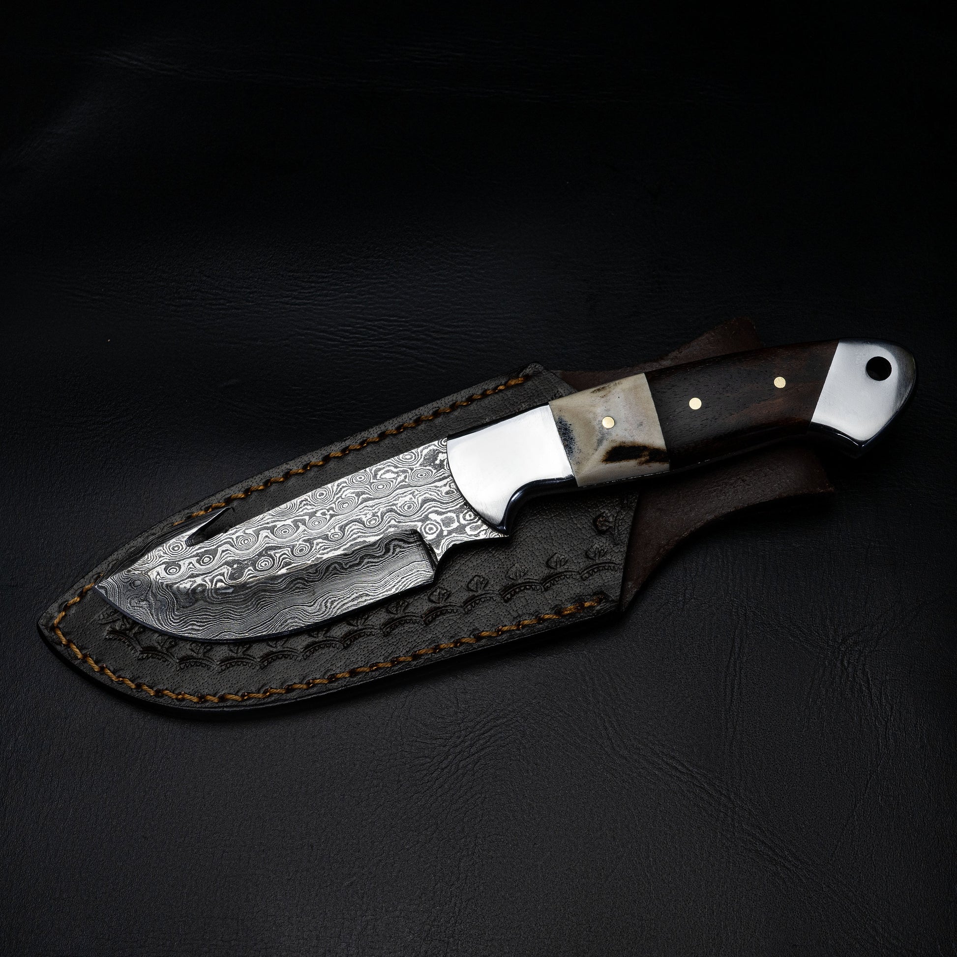 Gut Hook Bone Wood Handle Fixed Blade Full Tang Hunting/Camping Knife - Authentic Damascus 8.5" Knife by morfsteelware Gift for Him, Dad