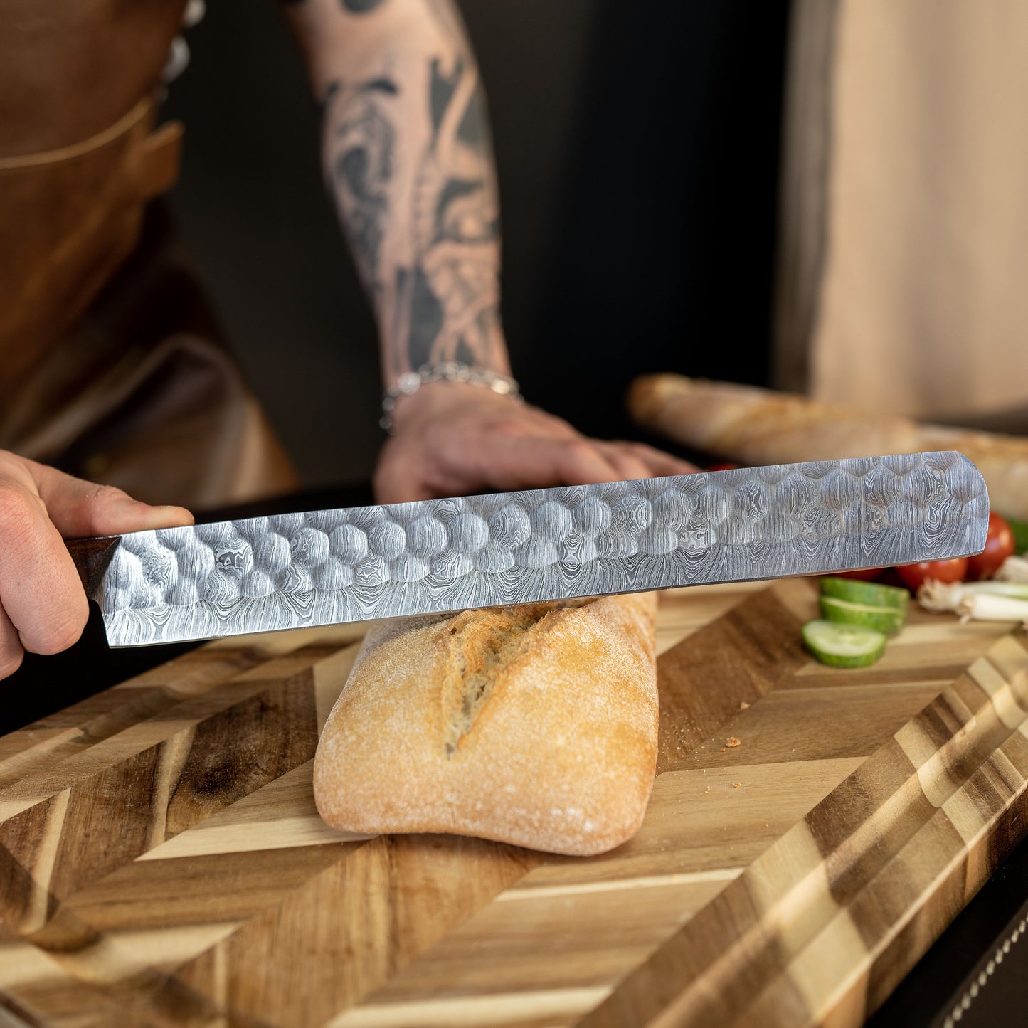 17" Long Damascus Steel Bread Slicer Cutting Blade Knife Outdoor/Indoor Kitchen BBQ Cooking Knife for Chef, Engravable Gift for Her/Him