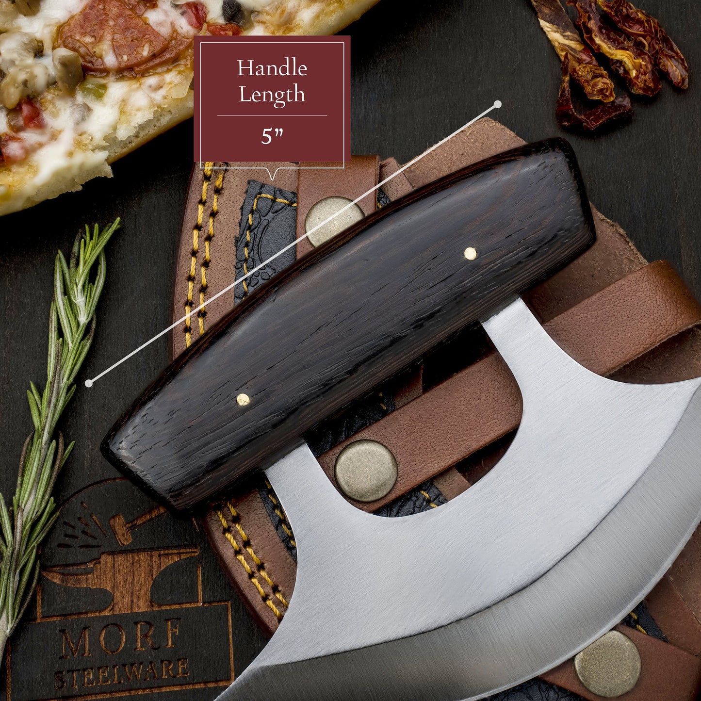High Carbon Steel Ulu Knife for Indoor/Outdoor Kitchen or Camping Cutlery Brown African Wood Pizza Cutting Slicer by MorfSteelware
