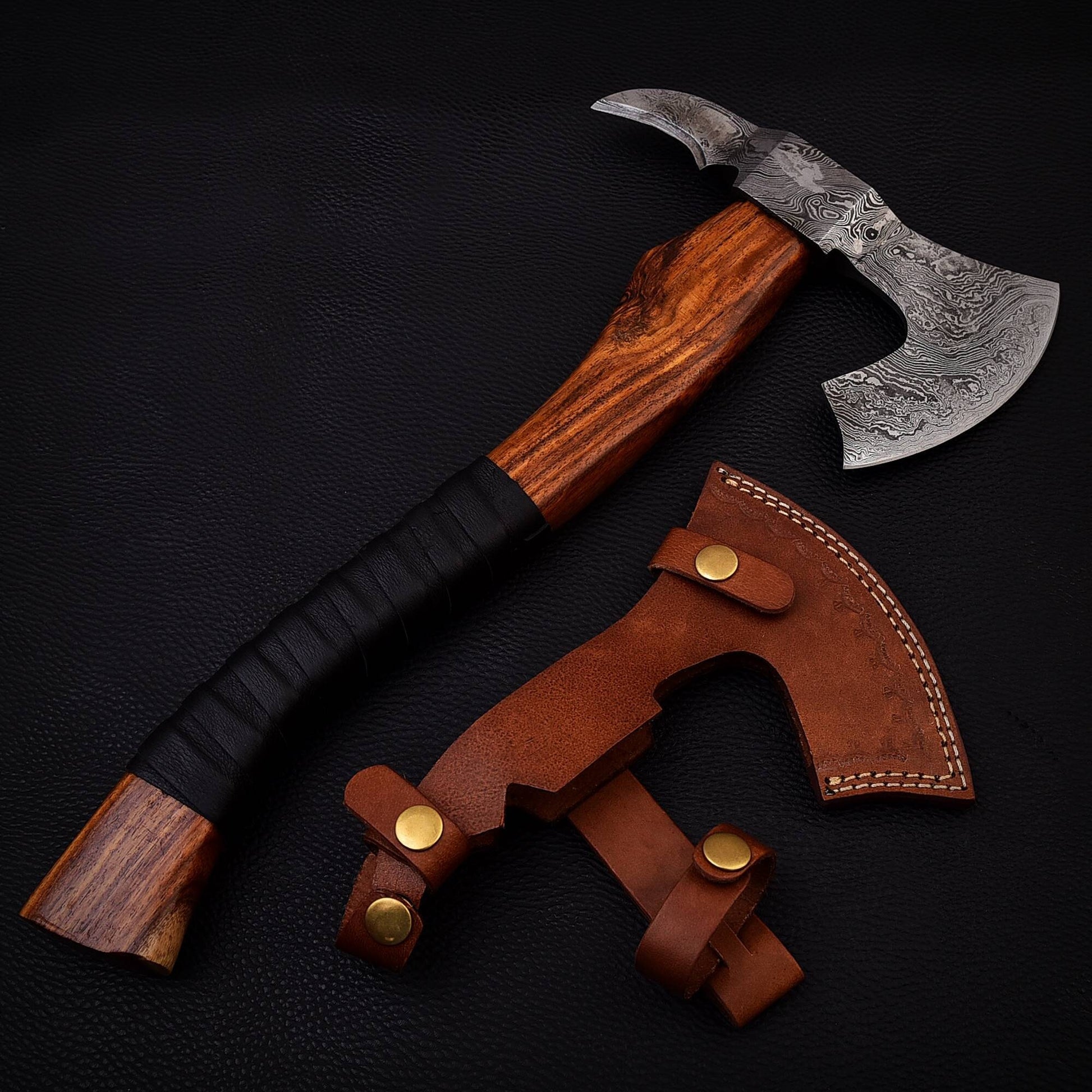 Hand Forged Small Handy Size Camping Axes, Damascus Steel Wood Handle Leather Wrapped Gift for Camper, Gift for Dad, Free Leather Sheath