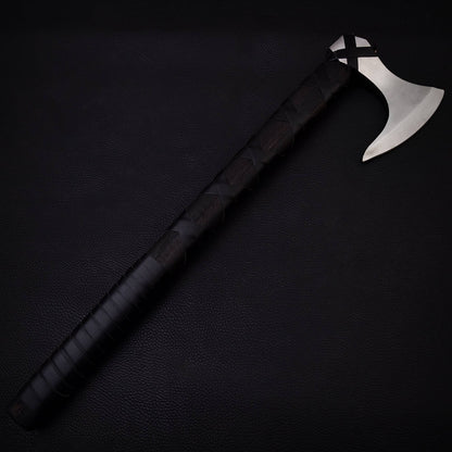 Personalized 22" Premium Carbon Steel Black Wood Viking Axe Leather Wrapped Handle - Perfect Gift for Him or Camper, Free Leather Sheath