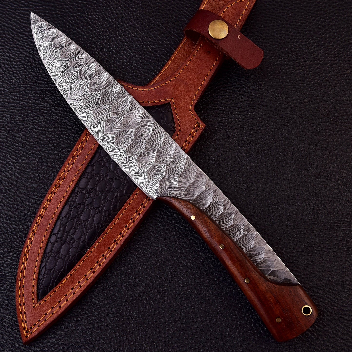 12" Ridged Unique Handle Damascus Steel Bowie Knife - Hunting or Camping Fixed Blade Full-Tang Drop Point Handmade Bowie Gift for Him