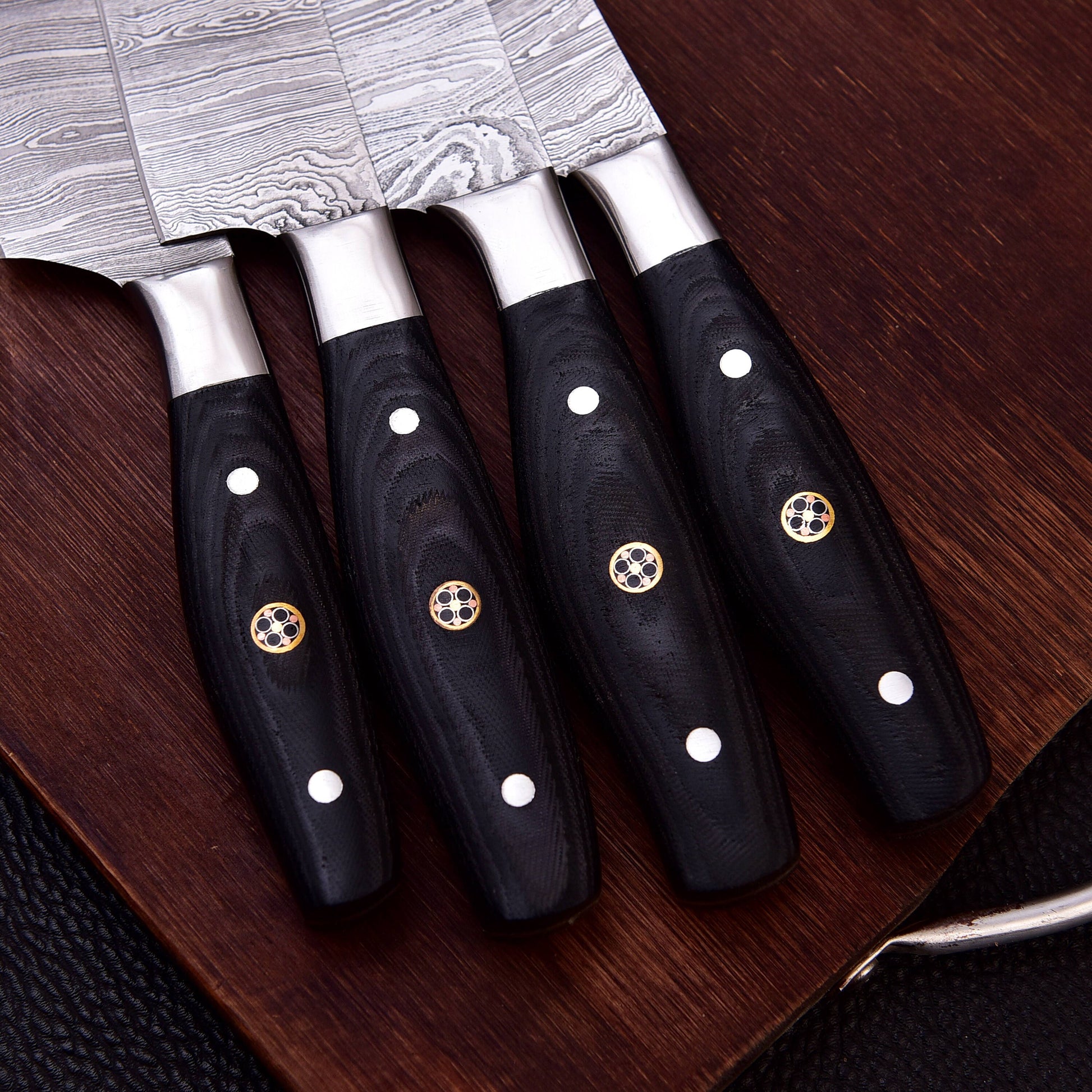 4 pc Black Kitchen Damascus Steel Set Knives - Authentic Handmade Personalized BBQ Cooking Indoor/Outdoor Chef Knife Gift Free Leather Roll