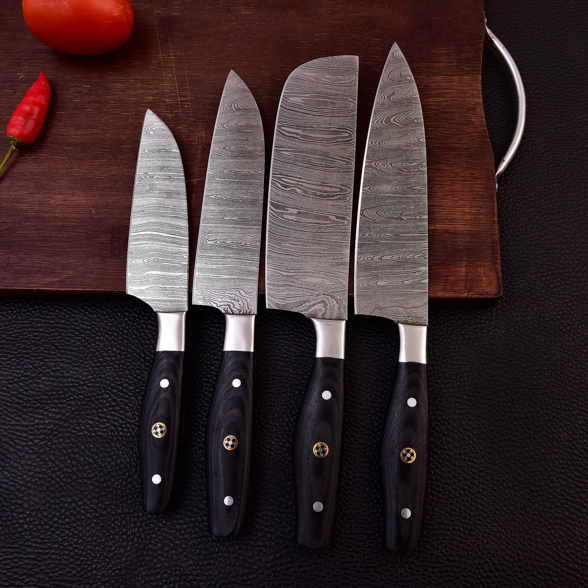 4 pc Black Kitchen Damascus Steel Set Knives - Authentic Handmade Personalized BBQ Cooking Indoor/Outdoor Chef Knife Gift Free Leather Roll