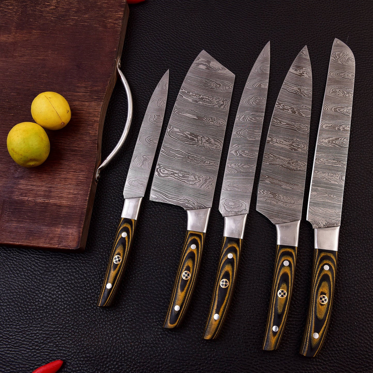 5pc Custom Damascus Steel Cooking Knives, Handmade BBQ Indoor, Outdoor Camping Kitchen Chef Knife Set, Full Tang Knives Gift For Dad