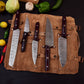 Damascus Steel 5pc Cooking Knife Set - BBQ Indoor/Outdoor Kitchen Knives, Chef Santoku Utility Knife, Handmade Camping Damascus Blade