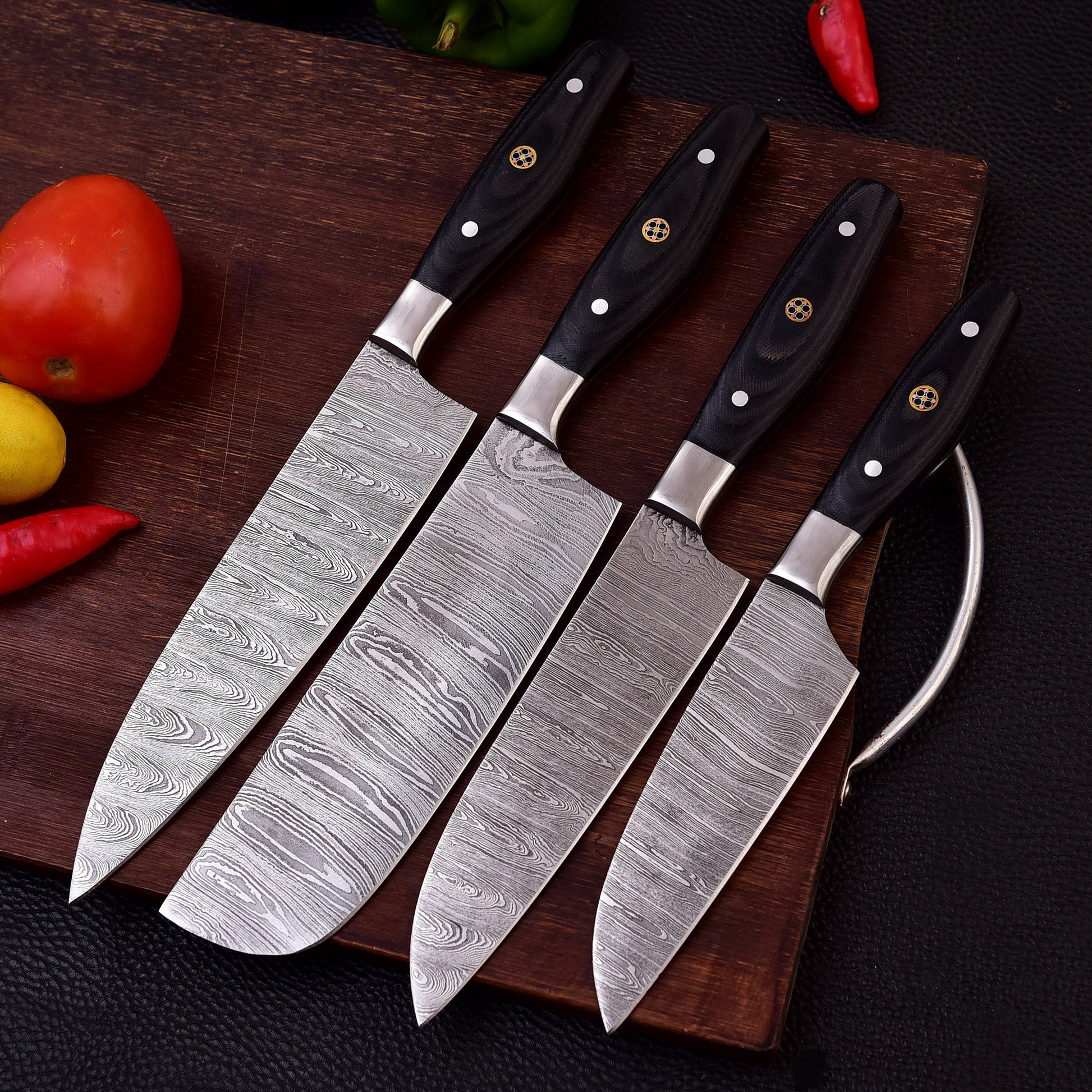 4 pc Black Kitchen Damascus Steel Set Knives - Authentic Handmade Personalized BBQ Cooking Indoor/Outdoor Chef Knife Gift Free Leather Roll