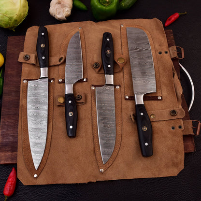 4 pc Black Kitchen Damascus Steel Set Knives - Authentic Handmade Personalized BBQ Cooking Indoor/Outdoor Chef Knife Gift Free Leather Roll