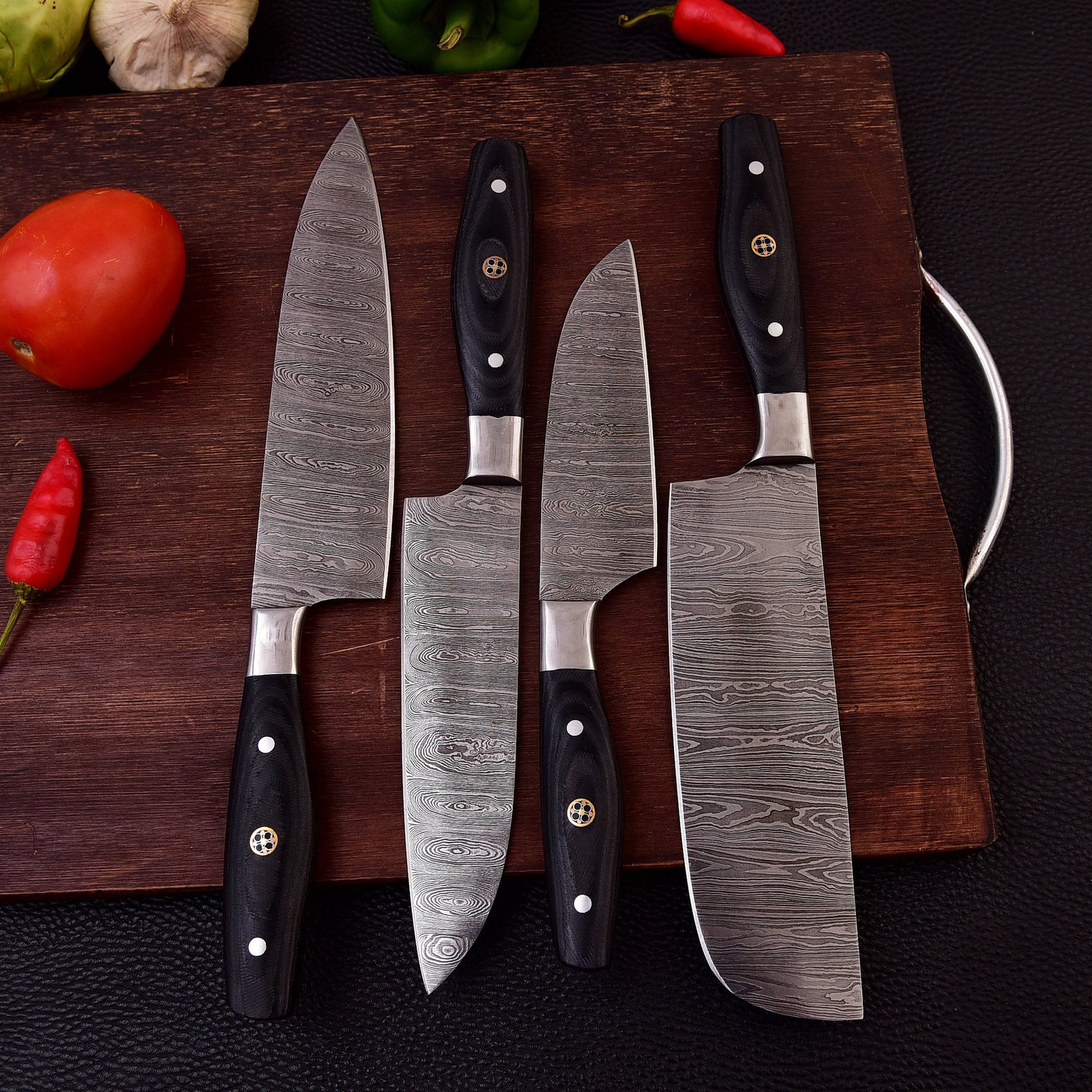 4 pc Black Kitchen Damascus Steel Set Knives - Authentic Handmade Personalized BBQ Cooking Indoor/Outdoor Chef Knife Gift Free Leather Roll