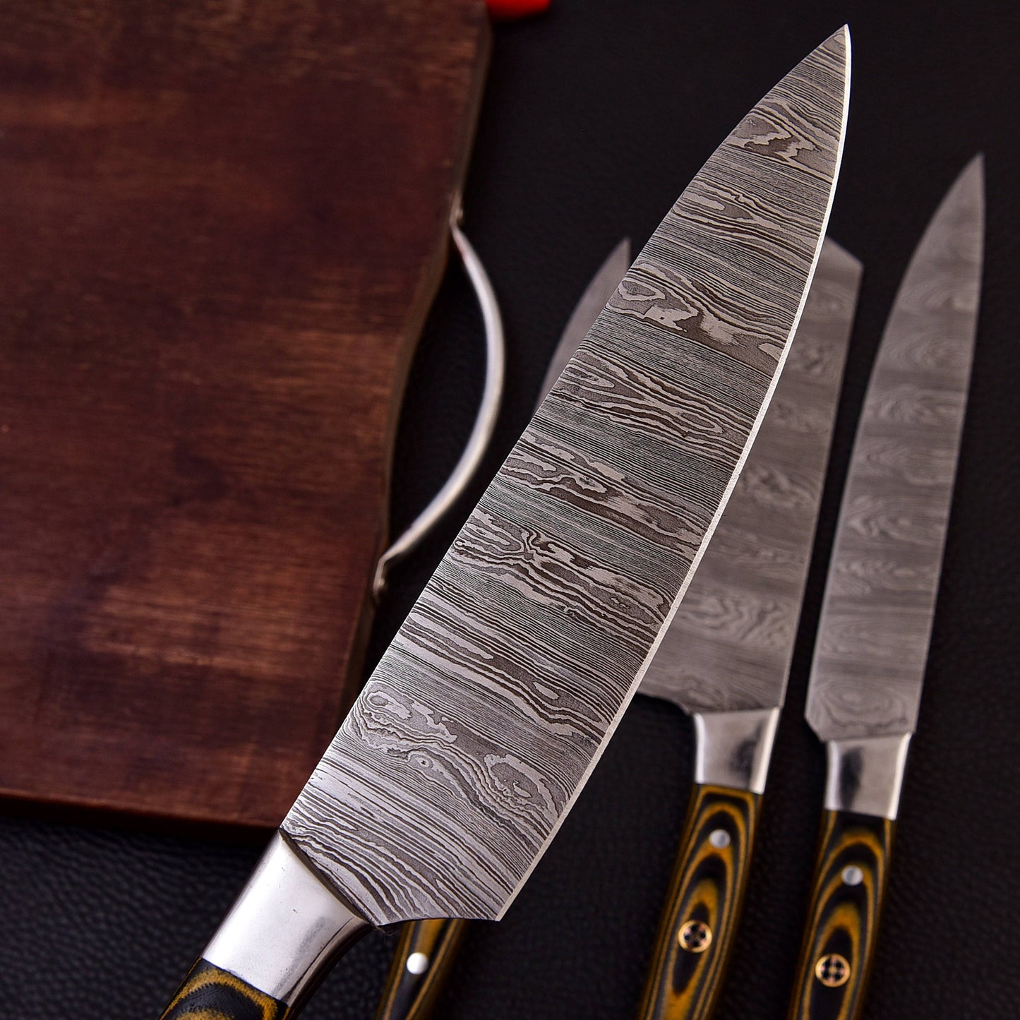 5pc Custom Damascus Steel Cooking Knives, Handmade BBQ Indoor, Outdoor Camping Kitchen Chef Knife Set, Full Tang Knives Gift For Dad