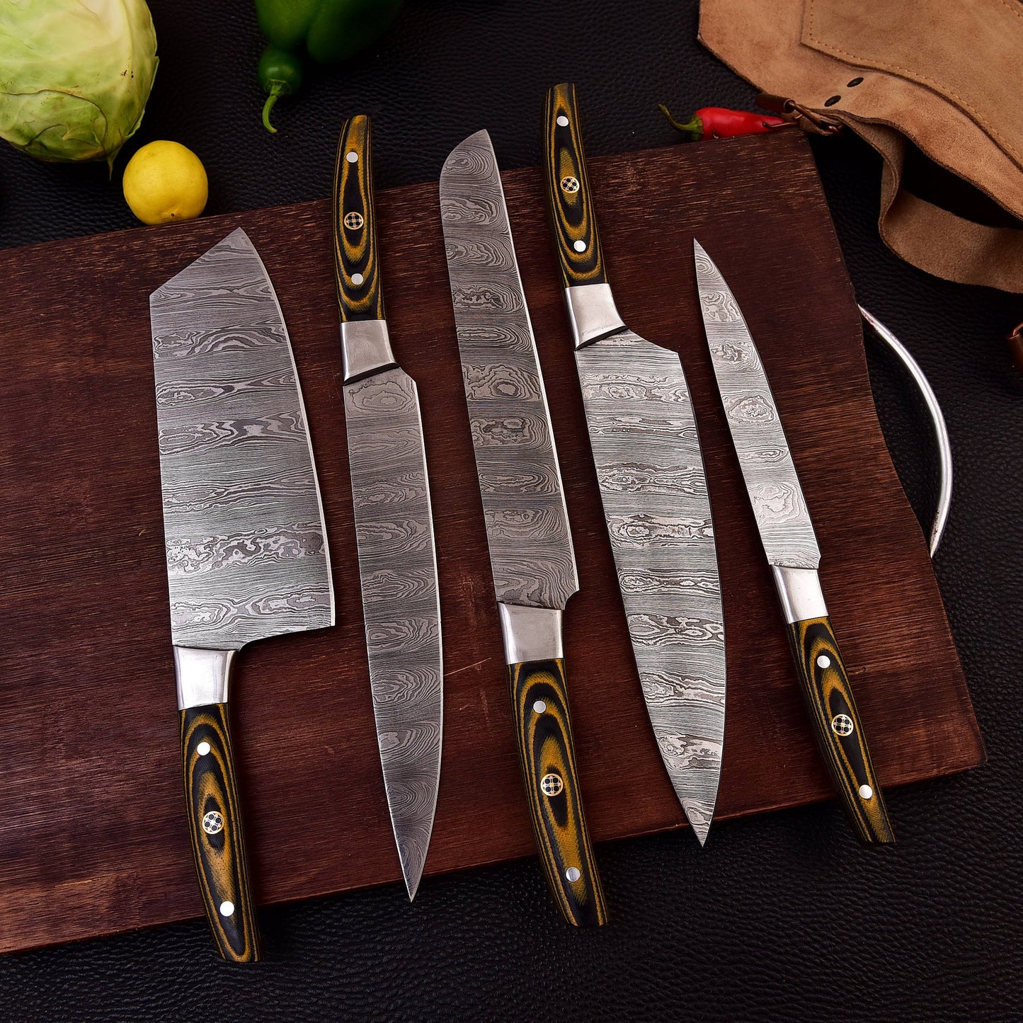 5pc Custom Damascus Steel Cooking Knives, Handmade BBQ Indoor, Outdoor Camping Kitchen Chef Knife Set, Full Tang Knives Gift For Dad