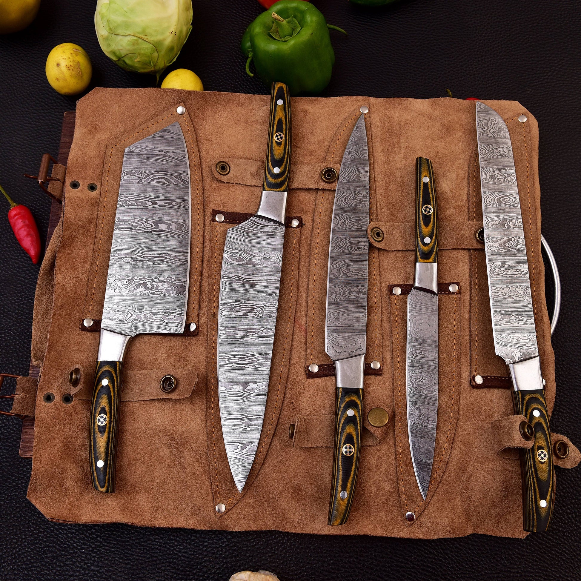 5pc Custom Damascus Steel Cooking Knives, Handmade BBQ Indoor, Outdoor Camping Kitchen Chef Knife Set, Full Tang Knives Gift For Dad