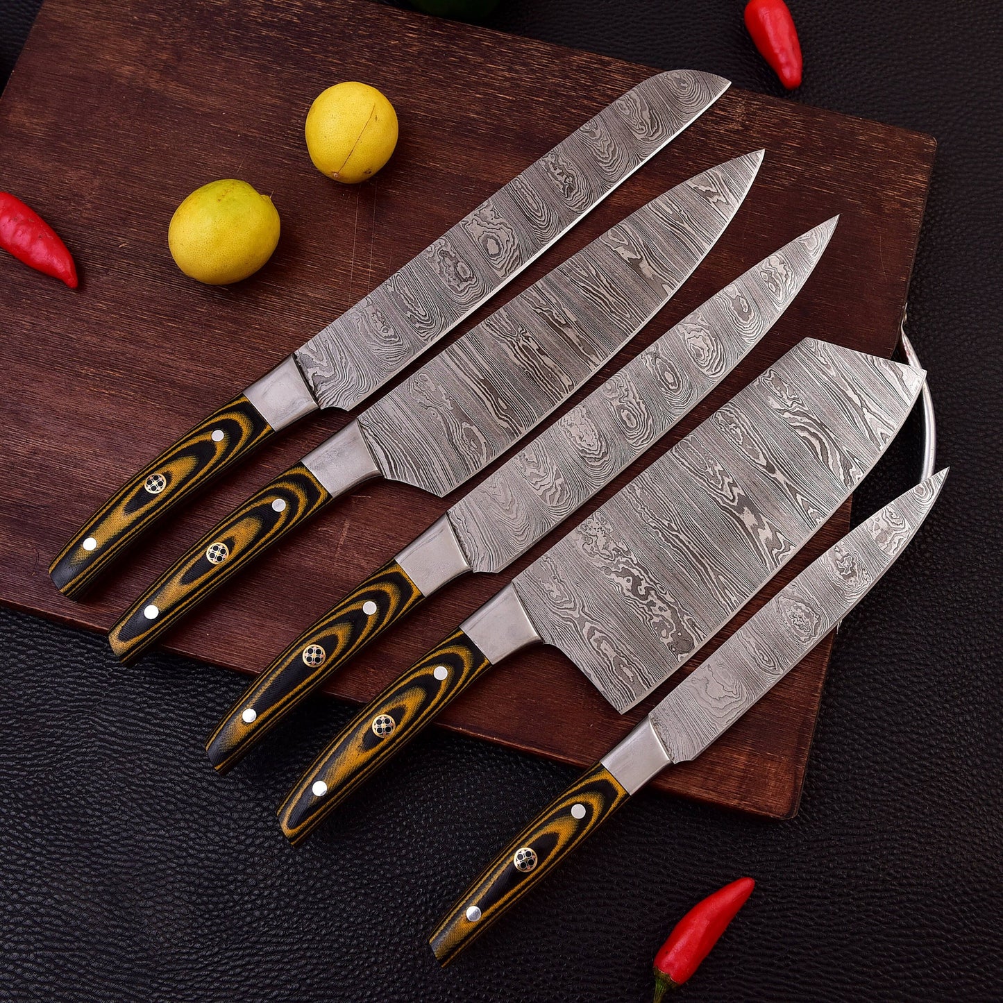 5pc Custom Damascus Steel Cooking Knives, Handmade BBQ Indoor, Outdoor Camping Kitchen Chef Knife Set, Full Tang Knives Gift For Dad