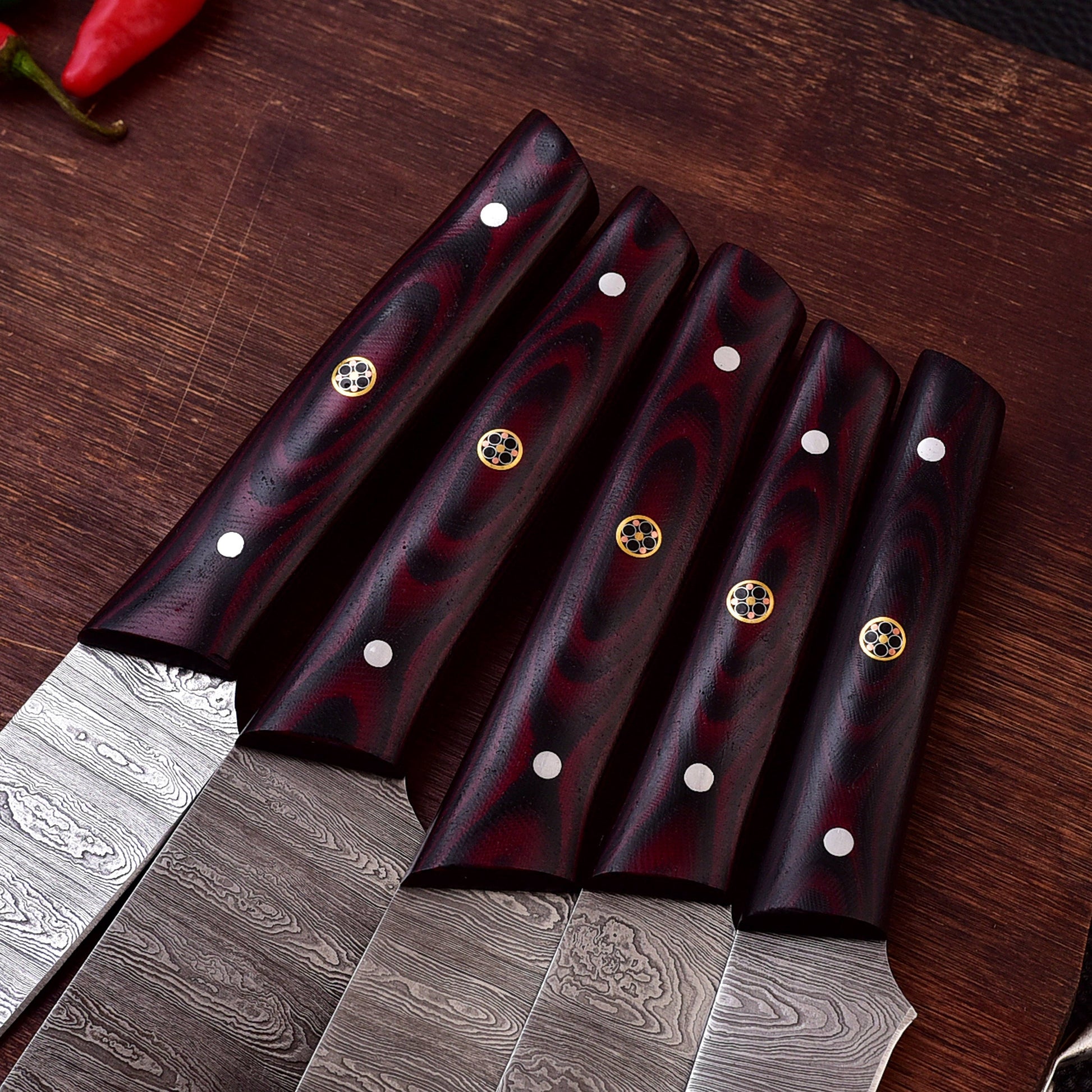 Damascus Steel 5pc Cooking Knife Set - BBQ Indoor/Outdoor Kitchen Knives, Chef Santoku Utility Knife, Handmade Camping Damascus Blade