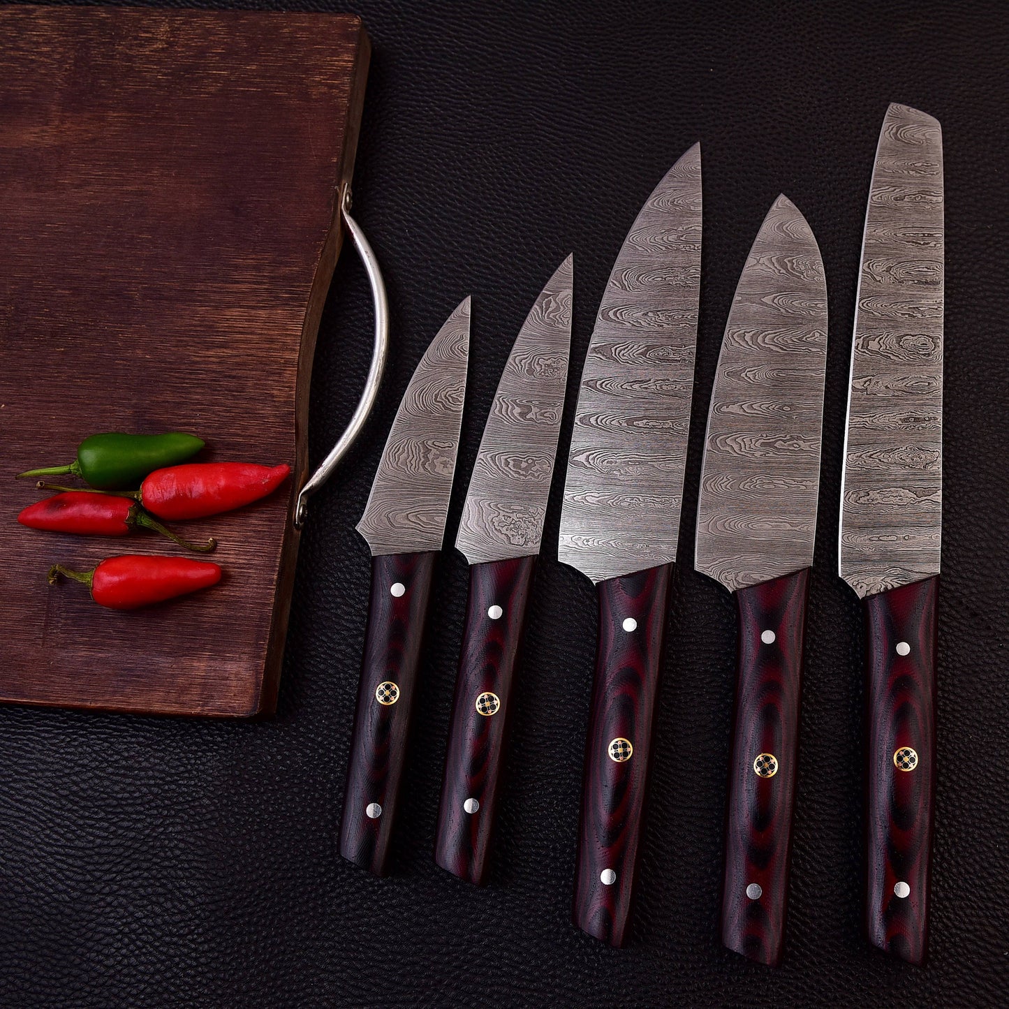 Damascus Steel 5pc Cooking Knife Set - BBQ Indoor/Outdoor Kitchen Knives, Chef Santoku Utility Knife, Handmade Camping Damascus Blade