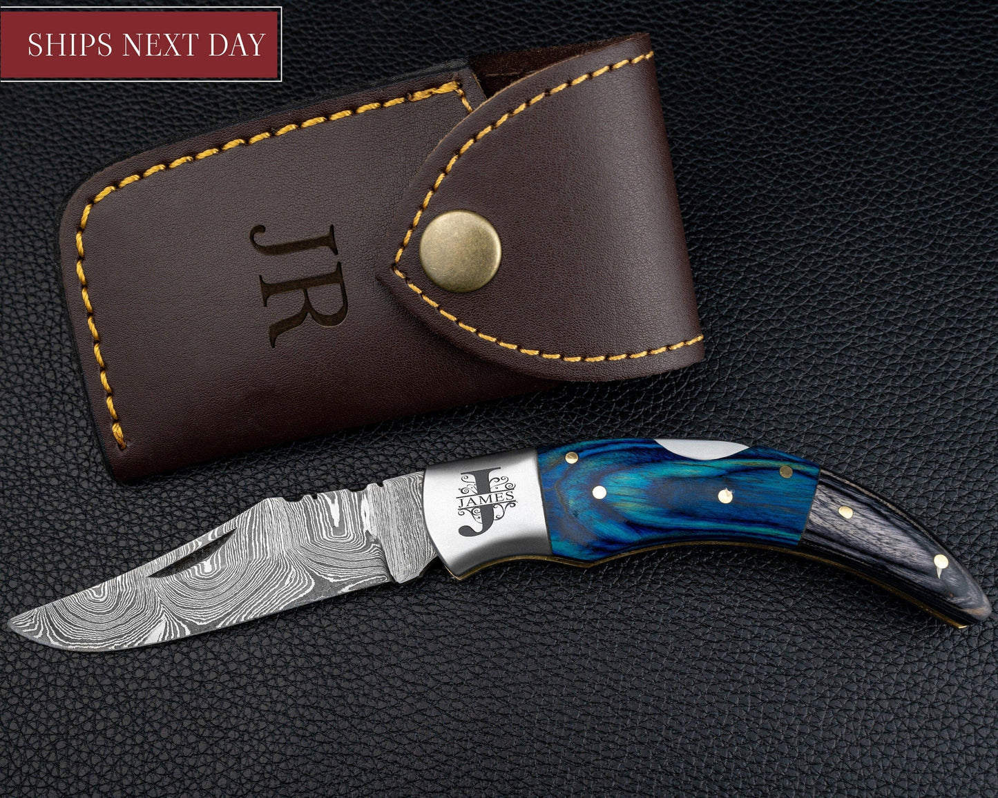 Damascus Pocket Folding Knife, Pocket Knife For Men - 7" Groomsmen gifts, Damascus Steel Personalized Customized Knife Blue Pakka Handle Etsy 