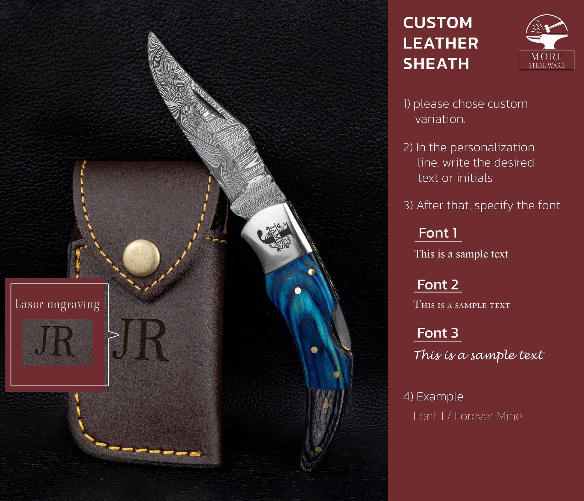 Damascus Pocket Folding Knife, Pocket Knife For Men - 7" Groomsmen gifts, Damascus Steel Personalized Customized Knife Blue Pakka Handle Etsy 