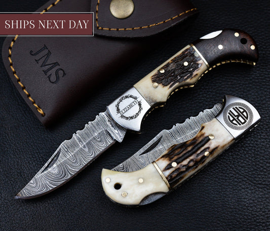 Damascus Pocket Knife, 6.5'' Damascus Folding Knife, Stag Horn and Camel Bone Handle Groomsmen Knife, Groomsmen Gifts, Gift for Husband 2021 Etsy 