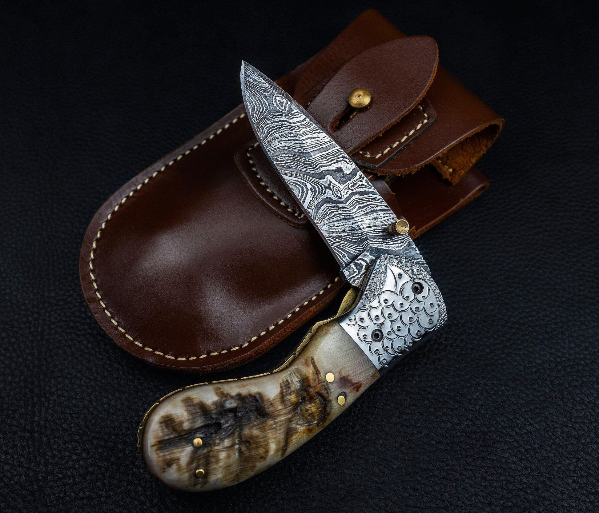 Hand Forged Ram Horn Handle Eagle Damascus Folding Knife, Damascus Pocket Knife, Damascus Steel Hunting knife, Hand Forged Damascus Knife Etsy 
