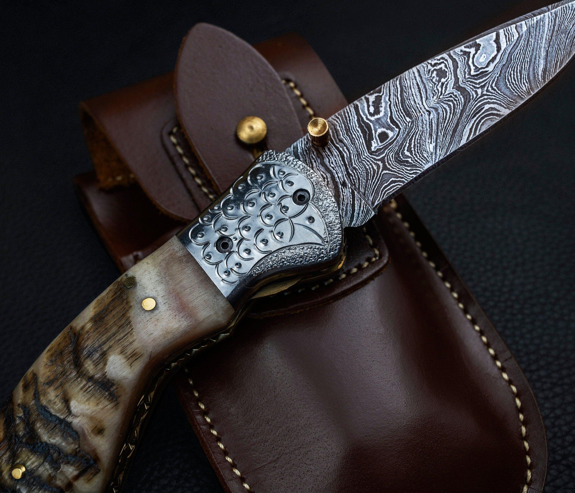 Hand Forged Ram Horn Handle Eagle Damascus Folding Knife, Damascus Pocket Knife, Damascus Steel Hunting knife, Hand Forged Damascus Knife Etsy 
